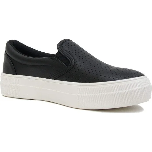 Women's Slip-On Platform Sneakers Memory Foam Faux Leather Black Size 6