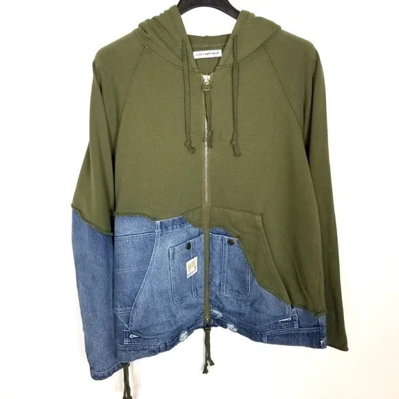 Lucky Sartorius Men Green Denim Patchwork Full Zip Hooded Jacket Sz XL‎ Pockets