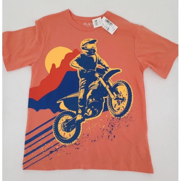 The Children's Place Graphic Tee Boys Size M 7/8 Orange Motocross Dirt Bike NWT