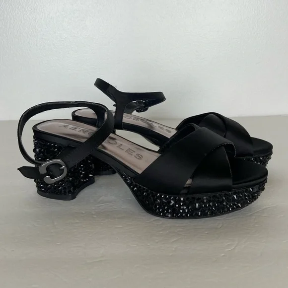 Aerosoles Cosmo Party Open Toe Platform Heels Size 8.5 M Black Y2k Party Crystal