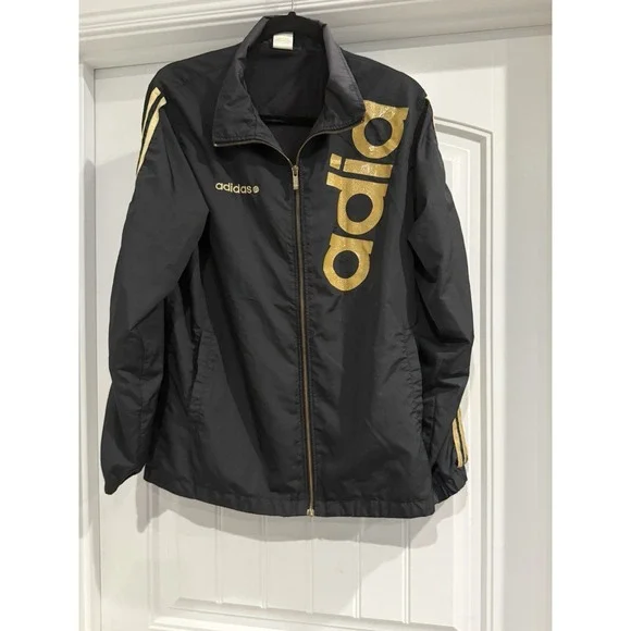 Adidas NEO Label Windbreaker Jacket Mens L Black Gold Big Logo Spellout Vintage