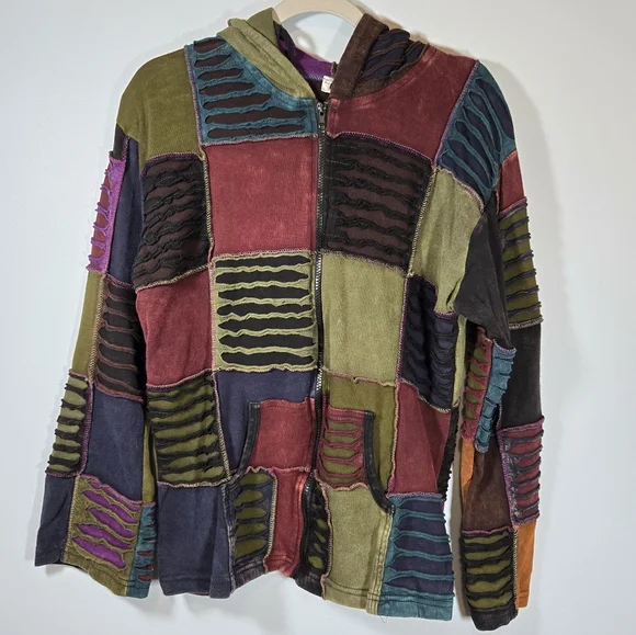 Bohemian Patchwork Zip Hoodie Jacket Made in‎ Nepal 100% Cotton XL