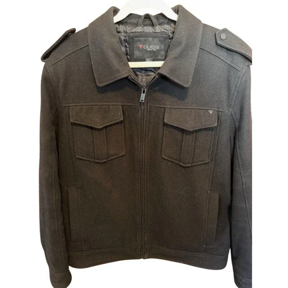 GUESS Men's Black Military Style Full Zip Wool Blend Jacket Size‎ XL Y2K