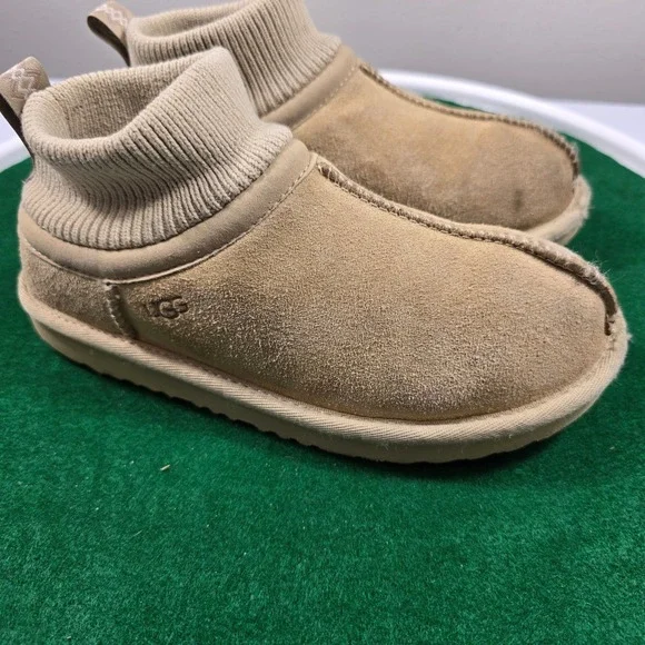UGG‎ Kids Ultra Stretch Cuff Boots Size 2 Chestnut Suede Knit Collar Slip On