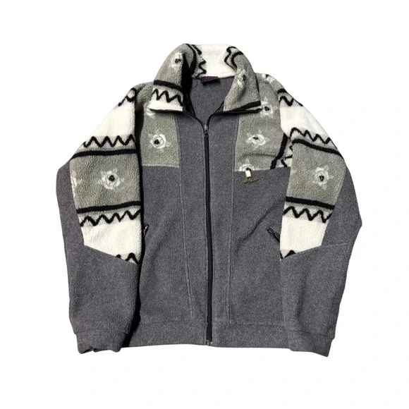 Stylfrance Mens Vintage Geometric Floral Fleece Full Zip Jacket Grey XL