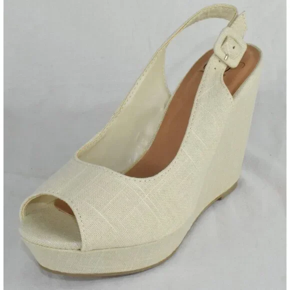 Soda Women Ankle Strap High Heels Wedge Platform Open Toe Canvas Beige Khaki New