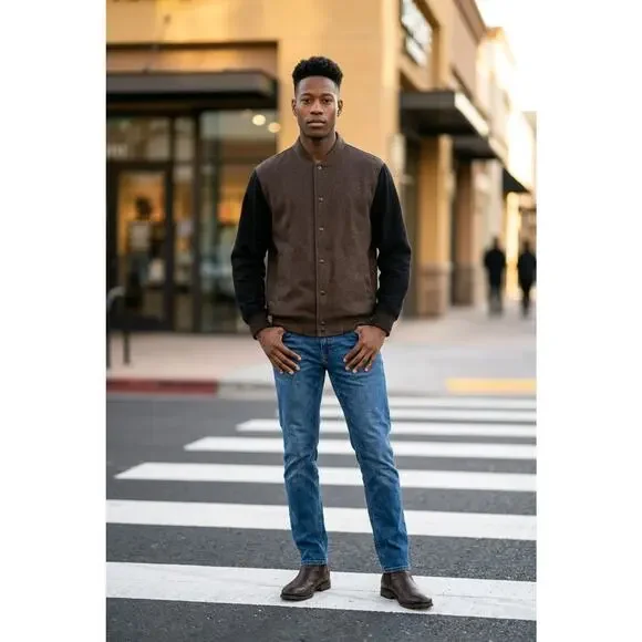 NWT! Banana Republic Mens Varsity Jacket Med Brown Black Colorblock Snap Button