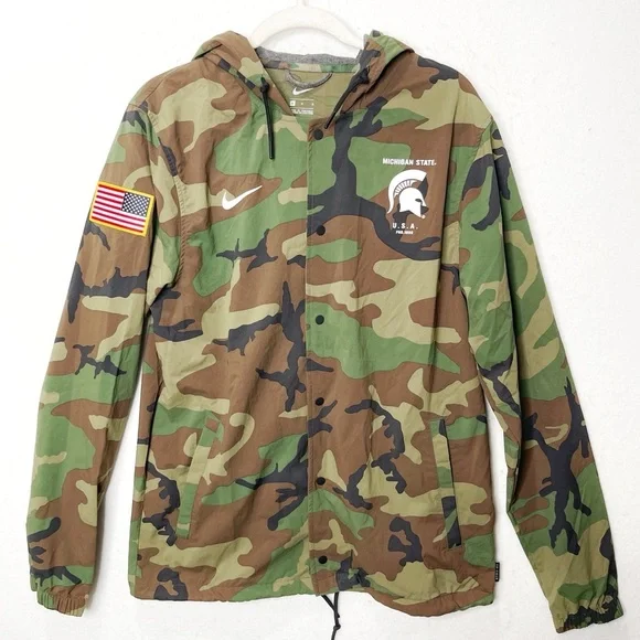 Nike Michigan State University Spartans Military Windbreaker Jacket Camo Hood.
