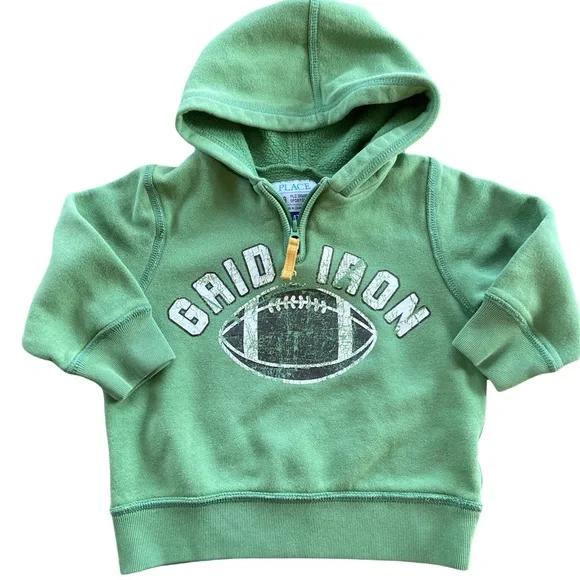 The Children’s Place Green Football Quarter Zip Hoodie “GRID IRON” Graphics 4T
