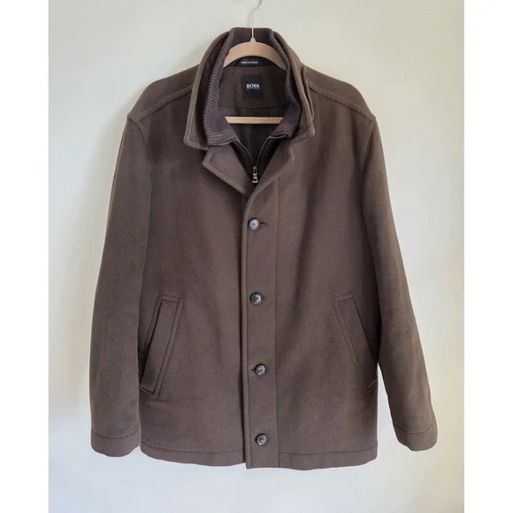 Hugo Boss Brown Wool Cashmere Blend Peacoat Overcoat Jacket Men's 42R Inner Zip