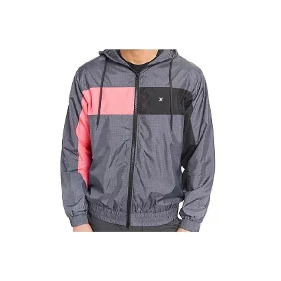 Hurley Mens Windbreaker Jacket Grey‎ Black Neon Pink Ripstop Hooded Size Medium