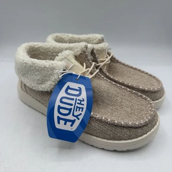 Hey Dude Wendy Fold Y Brushed Cozy Shoes Girls Sz J 5 Ivory Slip On 42143-105