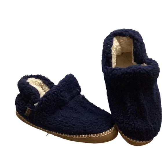 LL Bean‎ Kids Navy Blue Sherpa Lined Moccasin Slippers Size 1-2