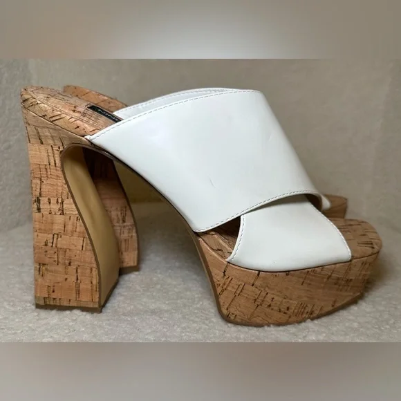 NWOT NINE WEST white‎ straps cork high heels platforms curved chunky summer 7.5