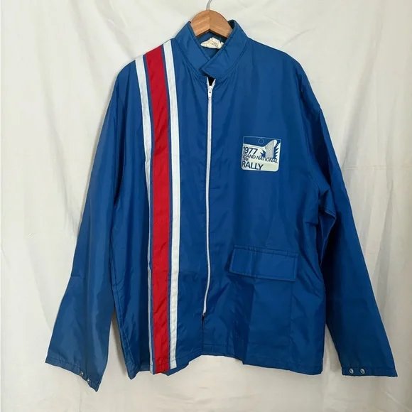 Vintage 1977 Grand National Tire Rally Jacket Mens XL BLUE Holloway Windbreaker