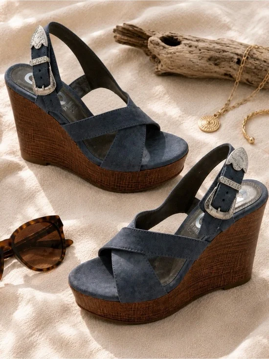 G by Guess Steel Blue Strappy Platform Wedge Sandals Faux Wood Heel NWOT Size 10