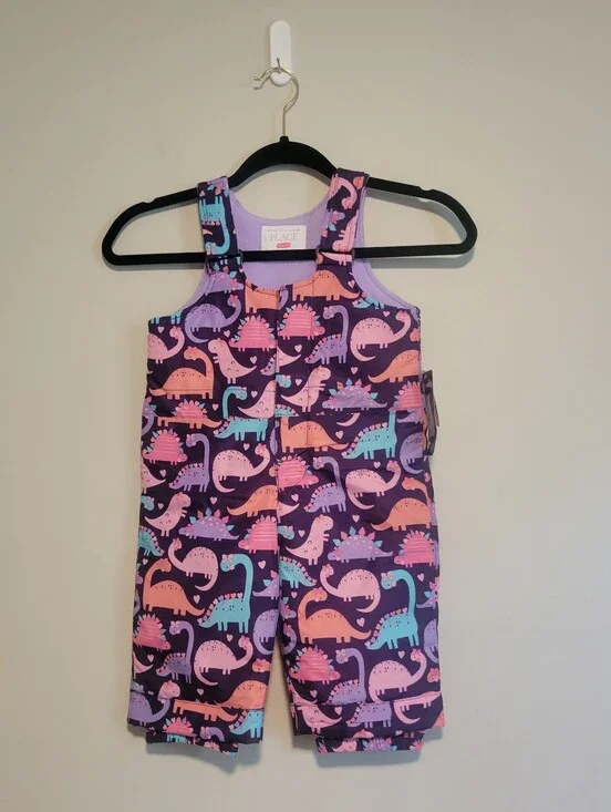 New The Children's Place Girls' Dino Print Snow Bibs Size 12-18 Months