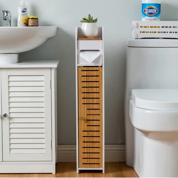 Bathroom Storage Corner Floor Cabinet/Shelves with Bamboo Doors