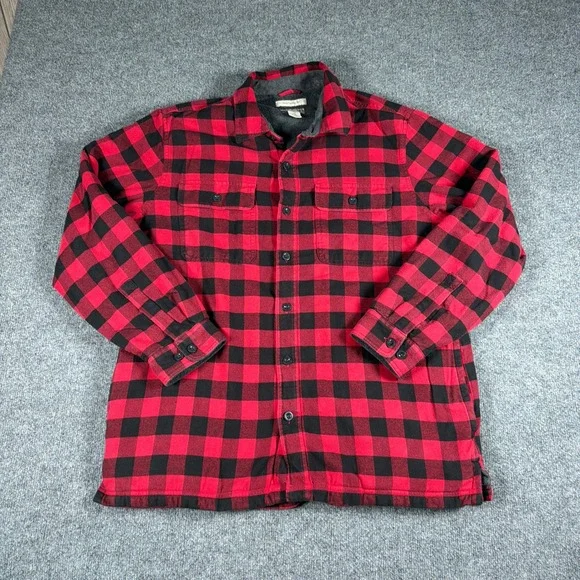 L.L. Bean Fleece Lined Flannel Shirt Jacket Mens Large Traditional Fit Red Black