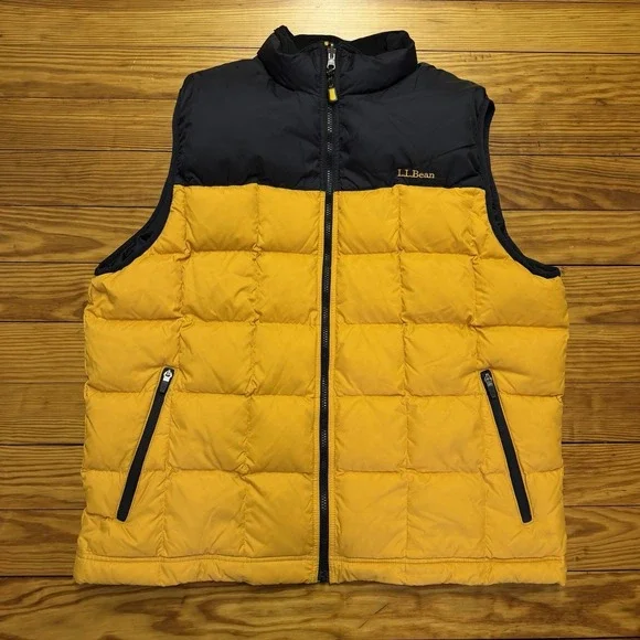 LL Bean Vest Mens Goose Down Puffer Full Zip Pockets Nylon Yellow Black 0AAQ8