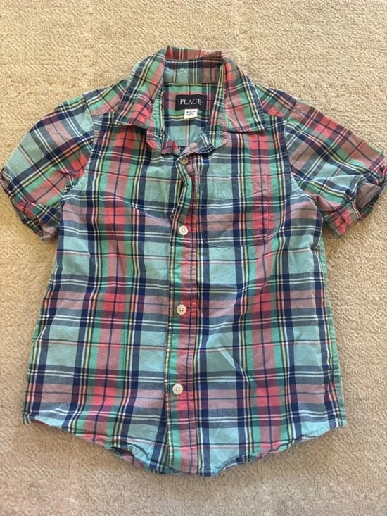 The Children's Place Mint, Navy & Coral Plaid Short-Sleeve Button-Down Shirt