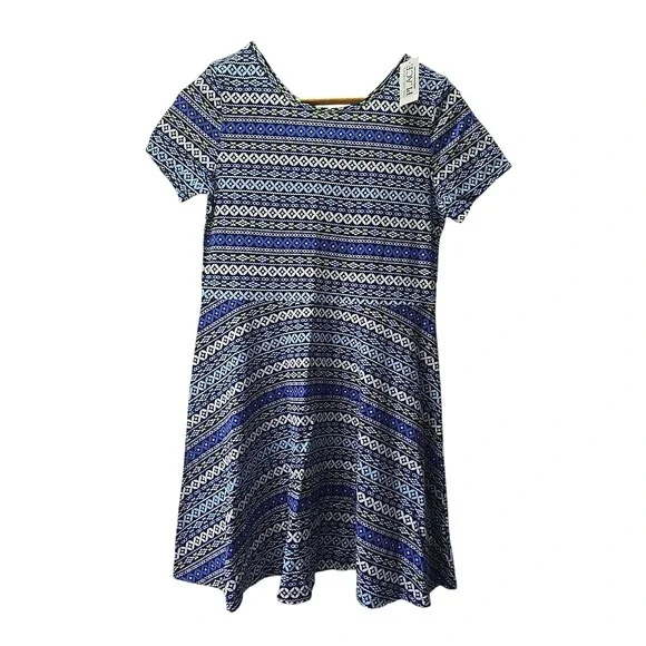The Children's Place Skater Dress Girls 16 Blue Geometric Boho Cotton NWT‎