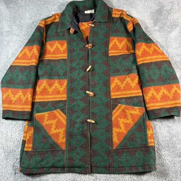 VTG 80s Toggle Coat Men Medium Aztec Southwestern Wool Blend Angel Fashions