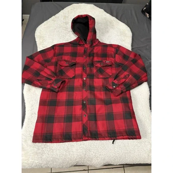 Dickie's Fleece-Lined Shacket Mens L Red Buffalo Plaid Snap Front Shirt Jacket