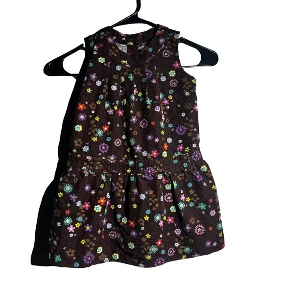 The Children's Place Girls 4T Brown Floral Corduroy Drop Waist Dress Sleeveless