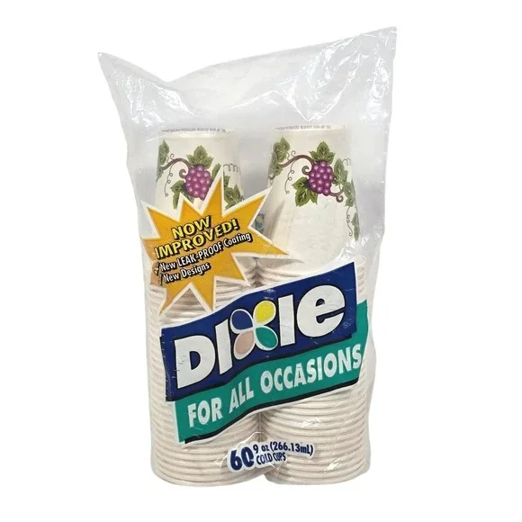 VTG 2002 Dixie Cups 9 oz 60 Count Grape Vine Design‎ Leak Proof Coating Sealed