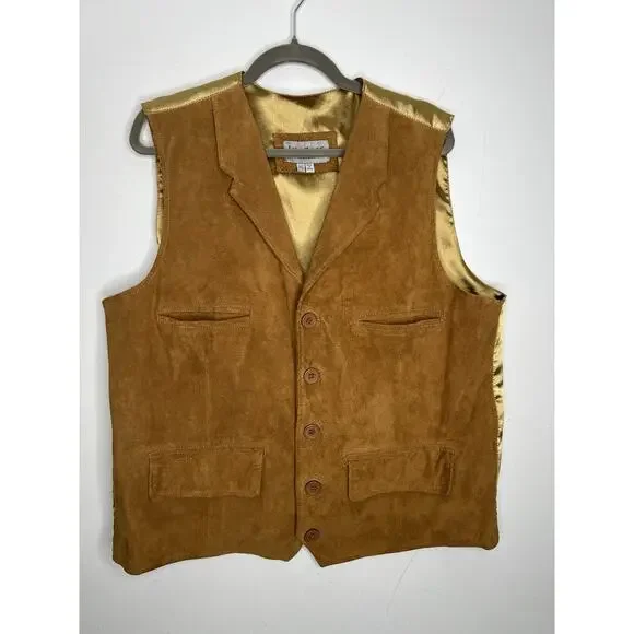 Vintage Leather Suede Vest Button Up Pockets Tan Brown Men's Size XL