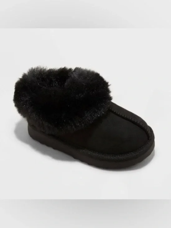 Cat & Jack  Piper Black Faux Fur Cuff Scuff Slip-On Slipper Sz 5