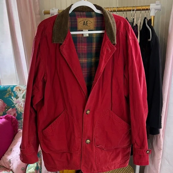 Vintage American Eagle Red Barn Chore Coat Jacket Plaid Lining Men Sz L