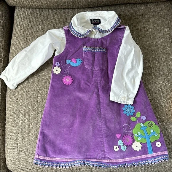 The Children’s Place Stretch Girls Purple Jumper Dress and White Long Sleeve 3T