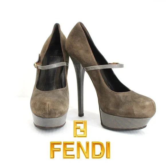 Fendi Olive Suede Croc Platform Pumps Sz 40 Ankle Strap Mary Jane Stiletto Heels