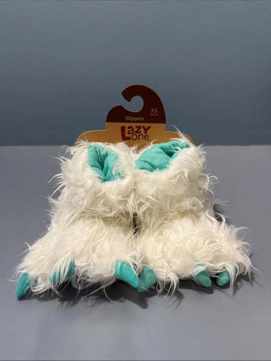 Lazy One White Fuzzy Monster Bootie Slippers with Teal Accents