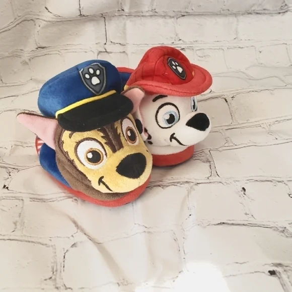 Paw Patrol Slippers Marshall Chase Plush Head Slip On Boys Size 5-6 Red Blue