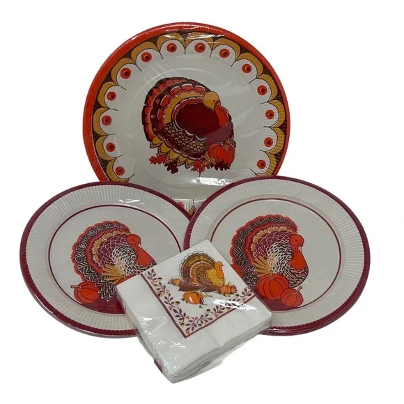 Vintage Gibson Thanksgiving Party Plates and Napkins Set Turkey‎ Harvest 24pc