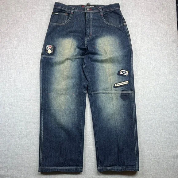 Vintage Y2K Southpole Baggy Jeans Mens 34 Blue Distressed Faded Patches Hip Hop