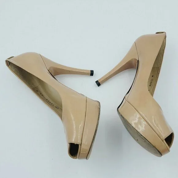 Stuart Weitzman Neutral Patent Leather Platform Peep Toe Pumps Size 8.5M