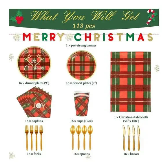 Christmas Party Pack with Decorations and Plates Serves‎ 16 Tablecloth Cutlery…