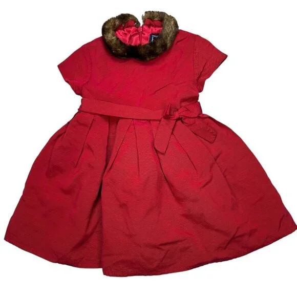 The Children’s Place 3T Red Brocade Faux Fur Collar Dress Party Holiday Christma