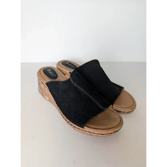 Born BOC Boho Wedge Catia Sandals Sz 11 Black Suede Slip On Mules Cork Heels Y2K