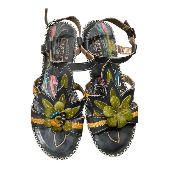 L’Artiste Spring Step Floral Leather Wedge Sandals Black | Size EU 37 US 6.5-7