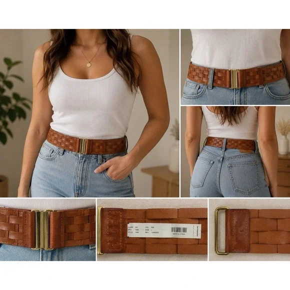 The Limited Woven Brown Belt Size Large Wide Boho Gold Clasp Waist Belt