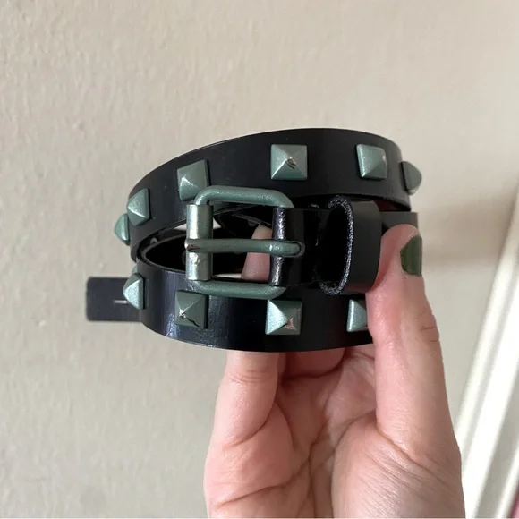 MaxMara Weekend Black Thin Leather Belt with Mint Green/Blue Distressed Studs