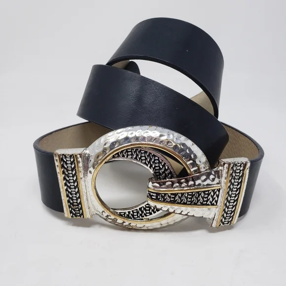 Chico’s Black Leather Women’s Slide Statement Belt with Silver Hook Buckle M/L