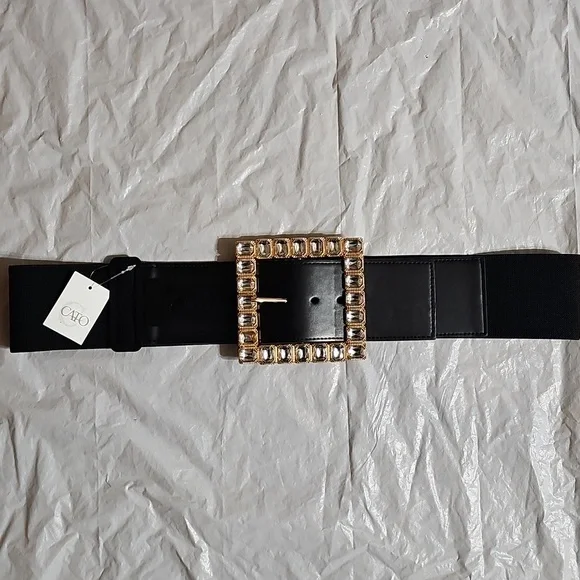 CATO Women's 2X Black Stretchy Belt with Clear Embellishments New