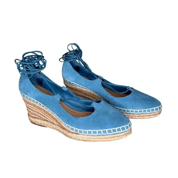 Schutz Wedge Espadrilles Size 6.5 Blue Fechado Salto Medio Acamurcado Suede