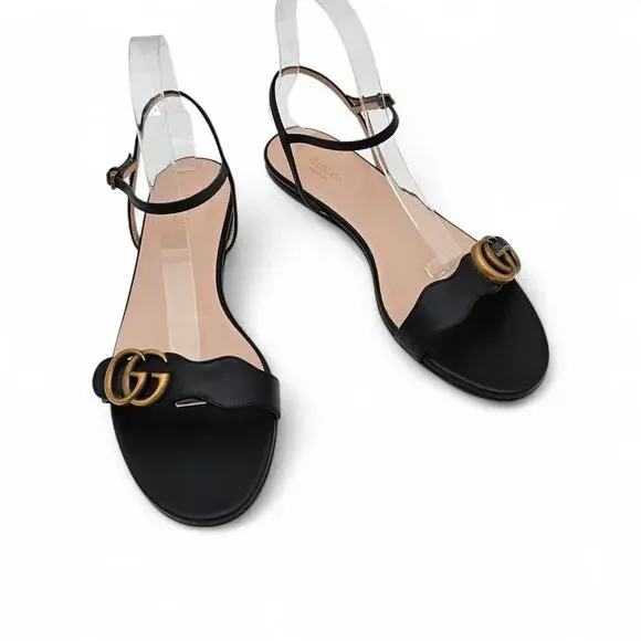 Gucci GG Marmont Flat Sandal Black Leather Ankle Strap Size 40.5 US 10.5
